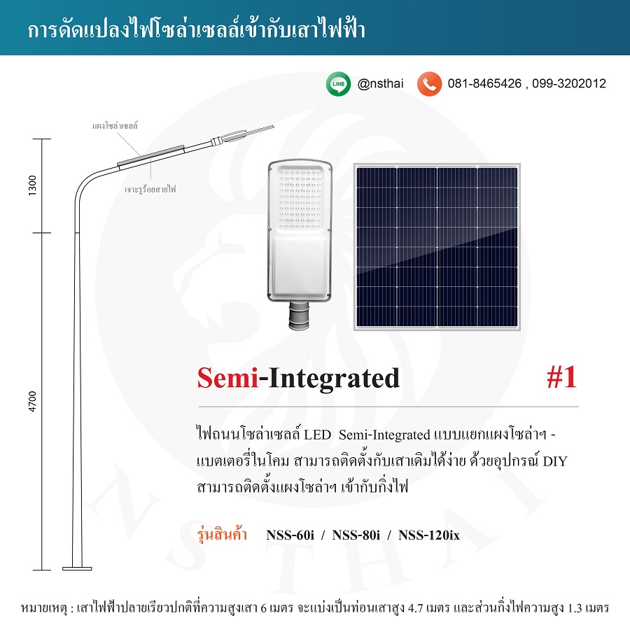 ดัดแปลงไฟถนนโซล่าเซลล์ Semi-Integrated ติดตั้งแผงโซล่าเซลล์เข้ากับกิ่งไฟเดิม