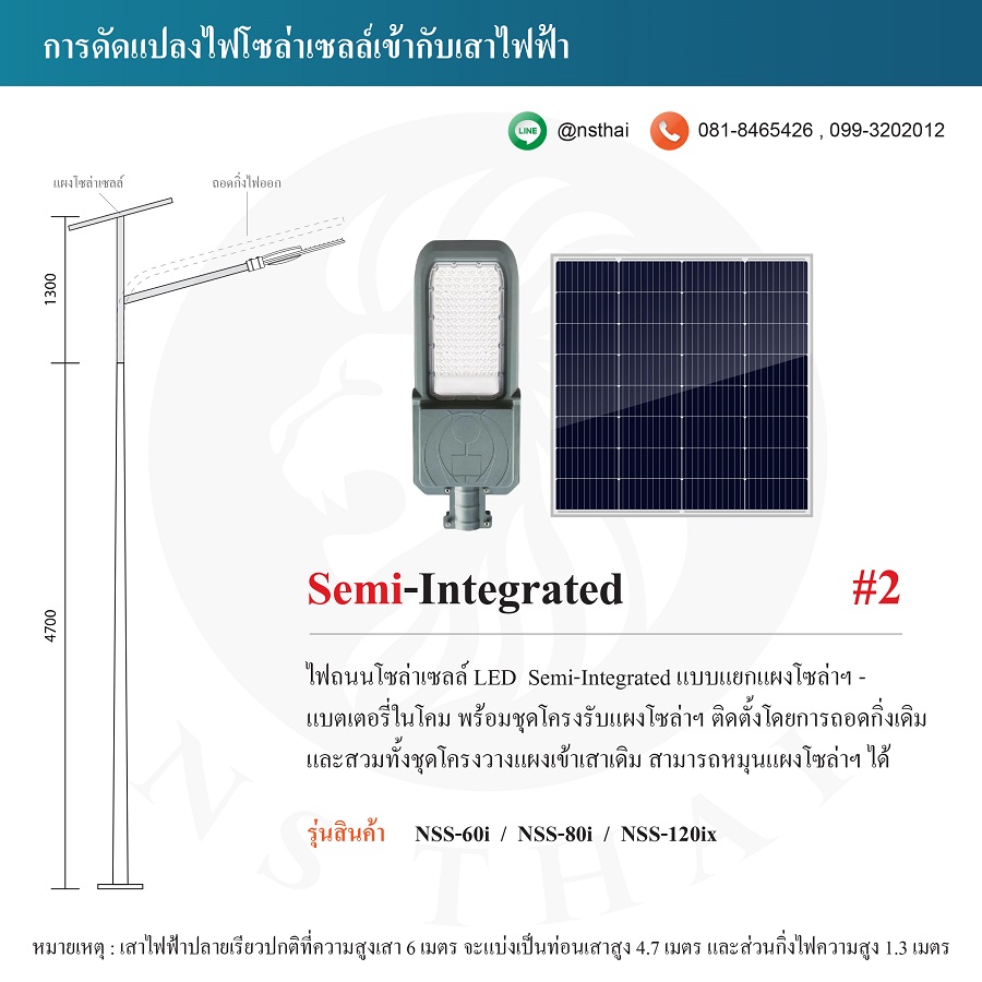 ดัดแปลงไฟถนนโซล่าเซลล์ Semi-Integrated พร้อมชุดโครงรับแผงโซล่าเซลล์สวมเสาเดิม